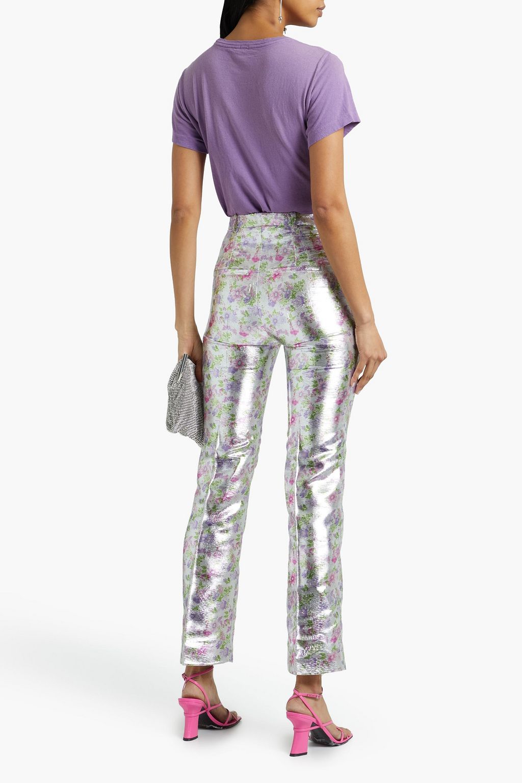 RABANNE Floral-print lamé straight-leg pants