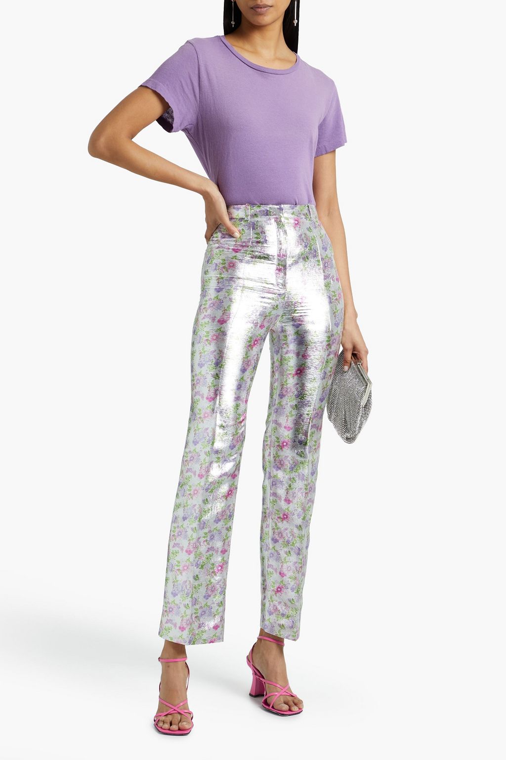 RABANNE Floral-print lamé straight-leg pants