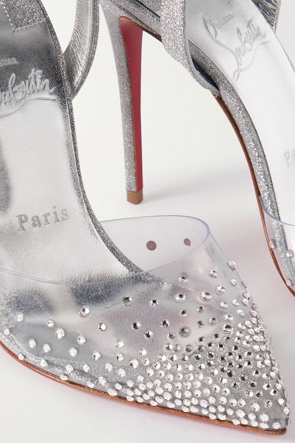 CHRISTIAN LOUBOUTIN Spikaqueen 100 crystal-embellished PVC and glittered-leather pumps