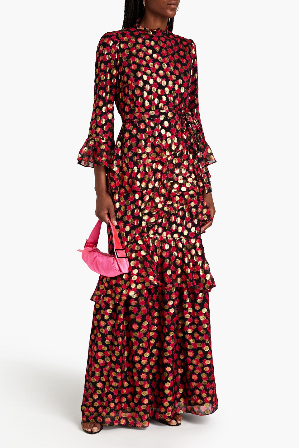 Saloni Marissa Floral-print Metallic Fil Coupé Maxi Dress In Black