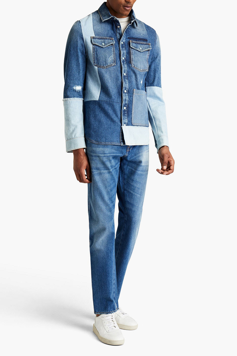 Valentino Man Patchwork-effect Denim Shirt In Mid Denim