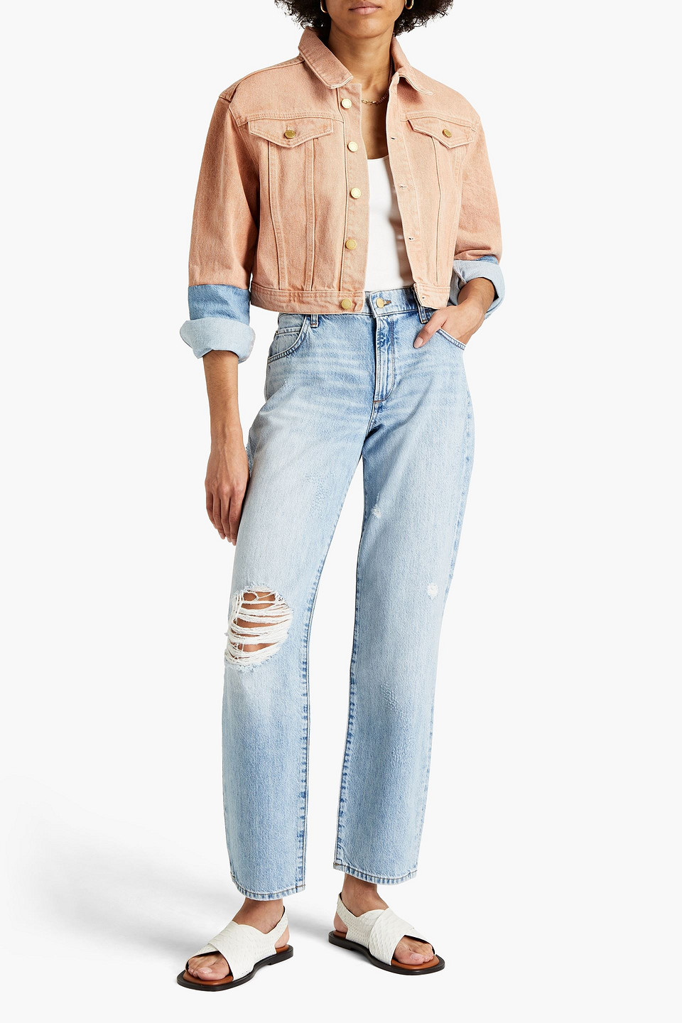 Triarchy Cropped Two-tone Denim Jacket In Antique Rose
