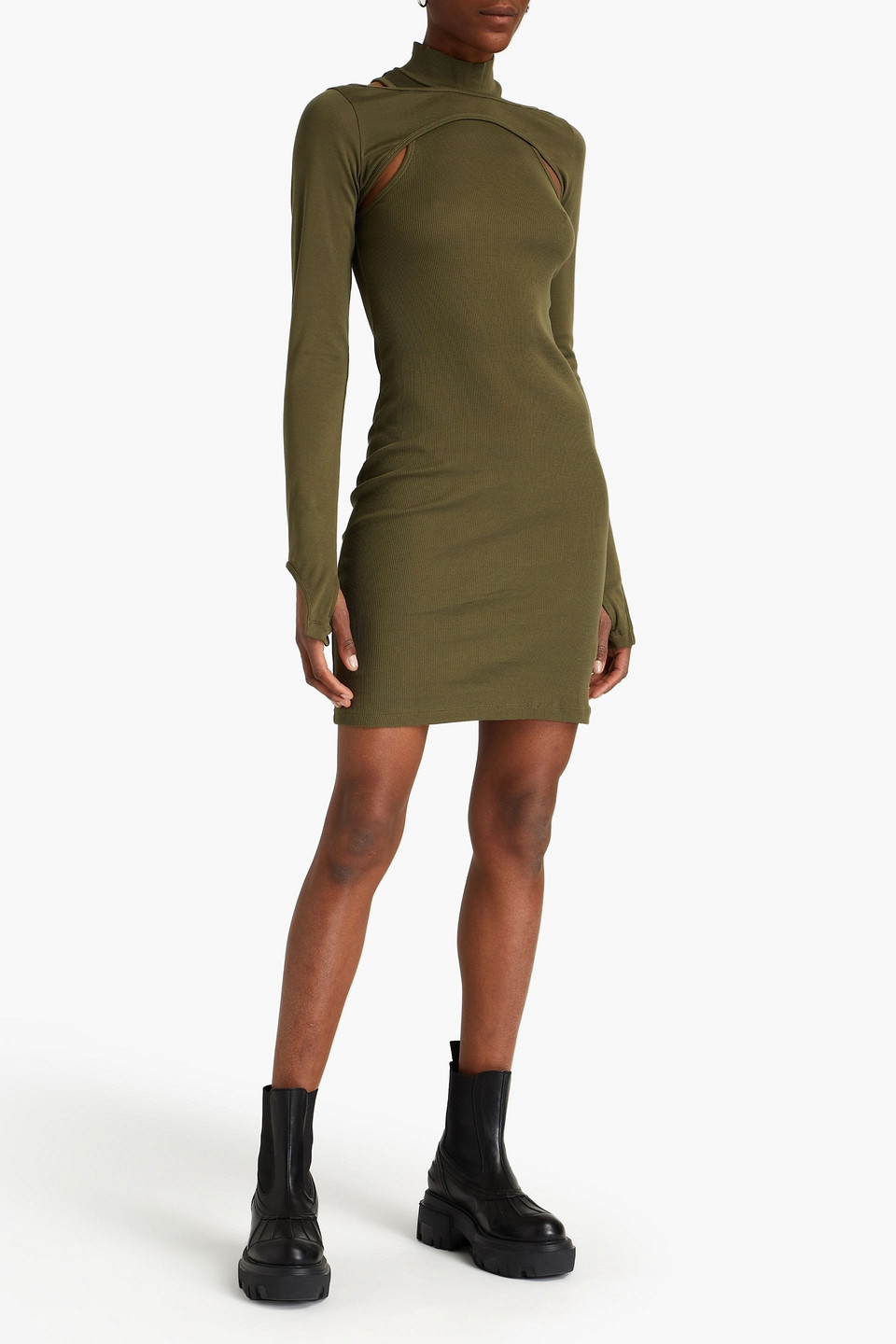 Helmut Lang Cutout Ribbed Cotton-jersey Turtleneck Mini Dress