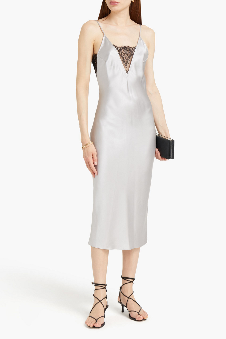 Fleur Du Mal Lace-paneled Stretch-silk Satin Midi Slip Dress In Silver