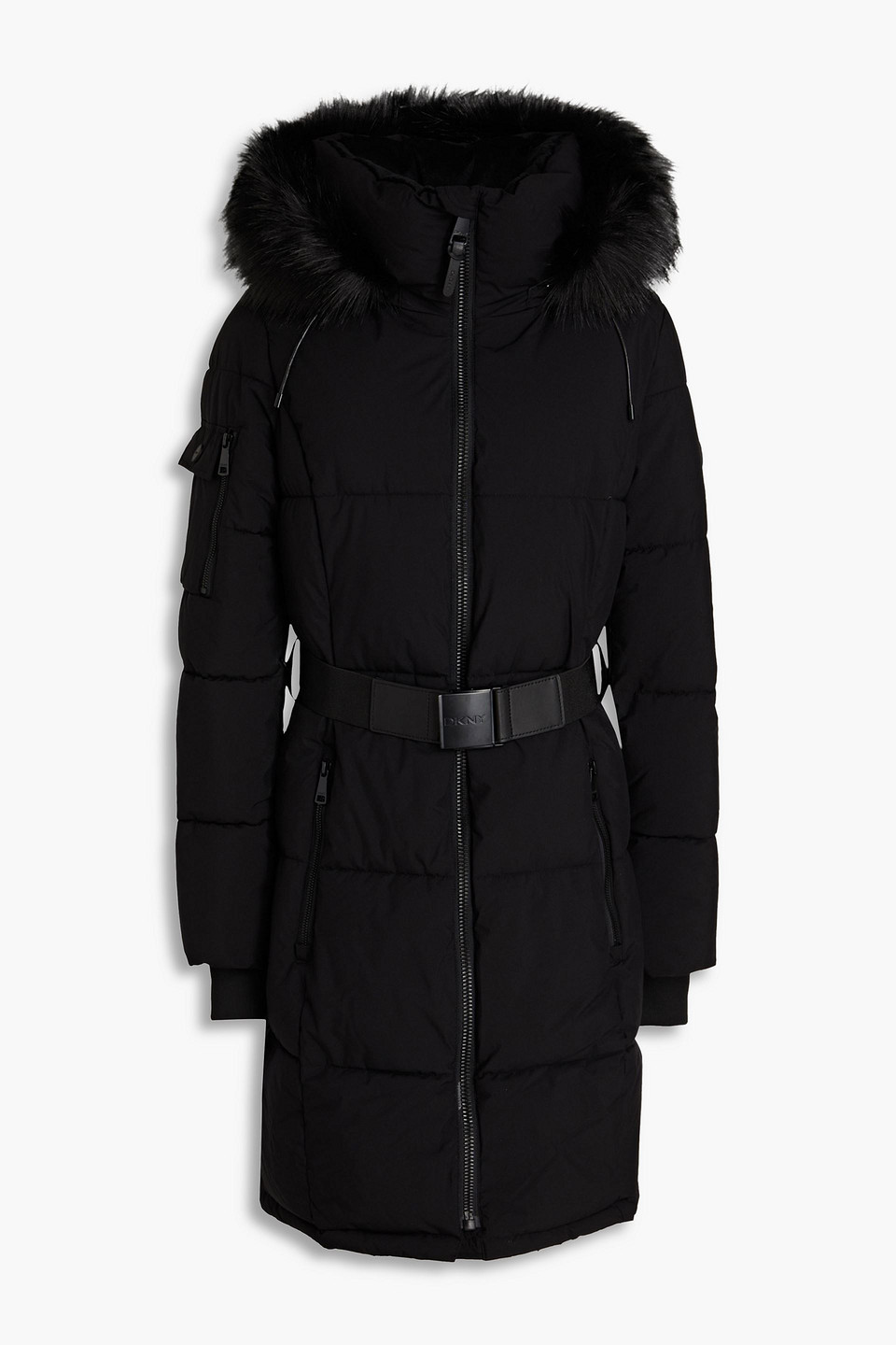 Belted quilted shell hooded coat