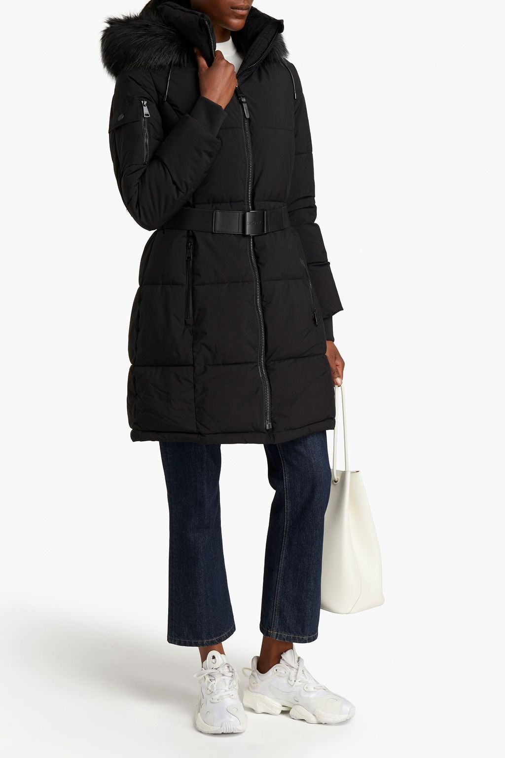 DKNY Belted quilted shell hooded coat