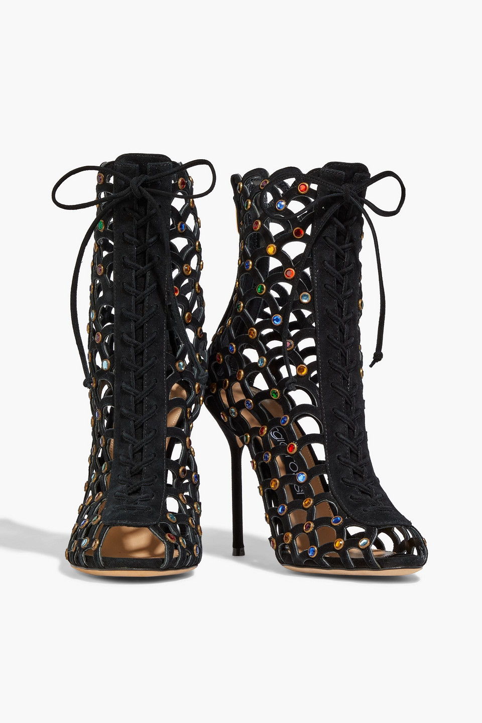 Sergio Rossi Crystal-embellished Laser-cut Suede Ankle Boots In Black
