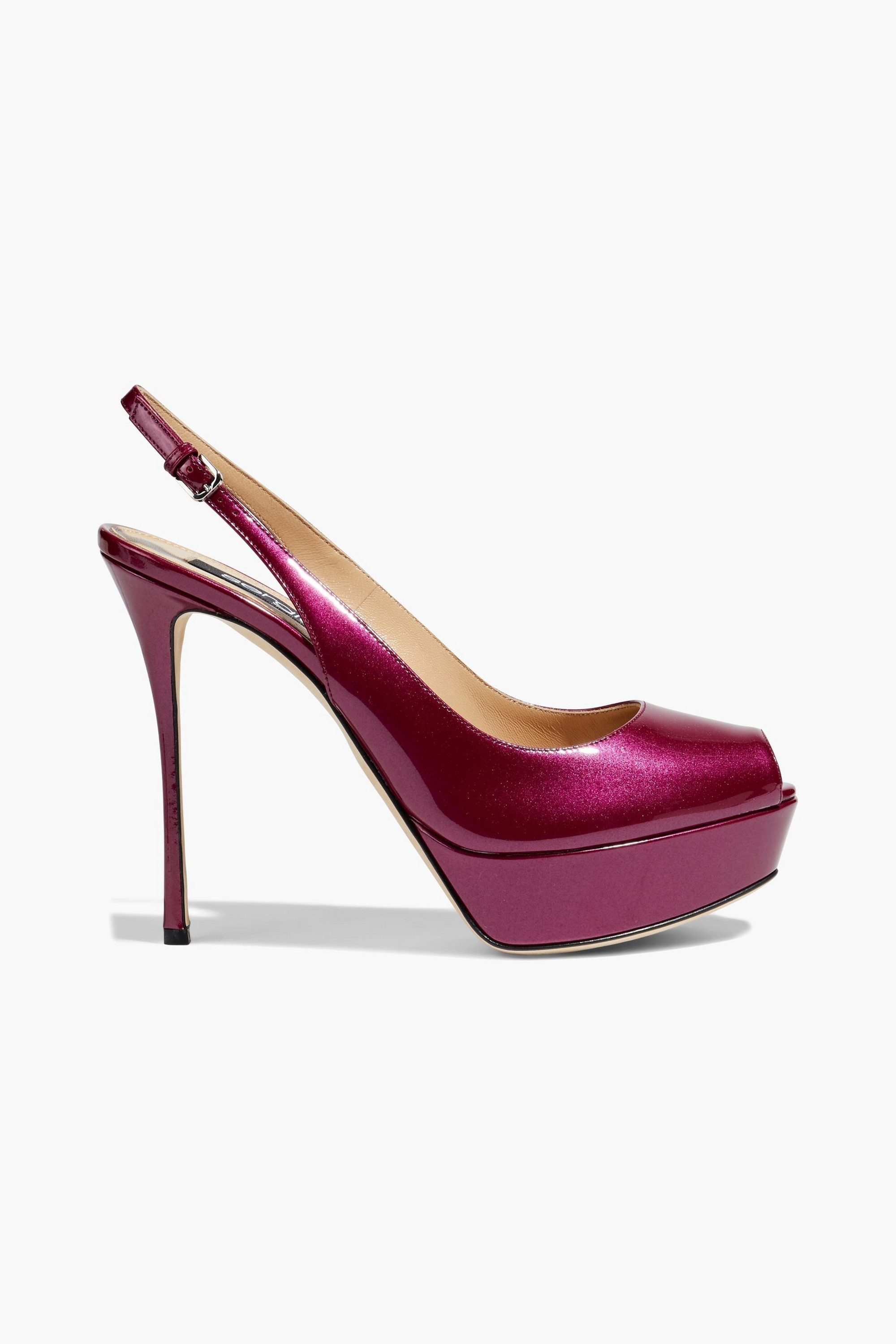 SERGIO ROSSI Metallic patent-leather platform slingback pumps