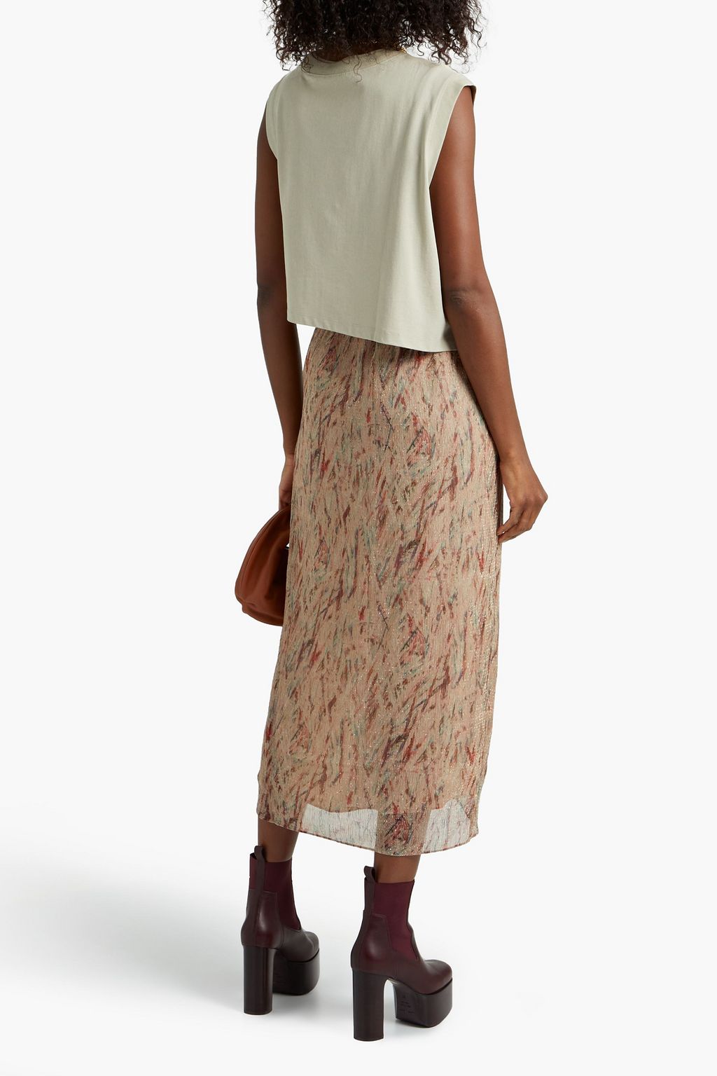 IRO Wrap-effect metallic printed knitted midi skirt