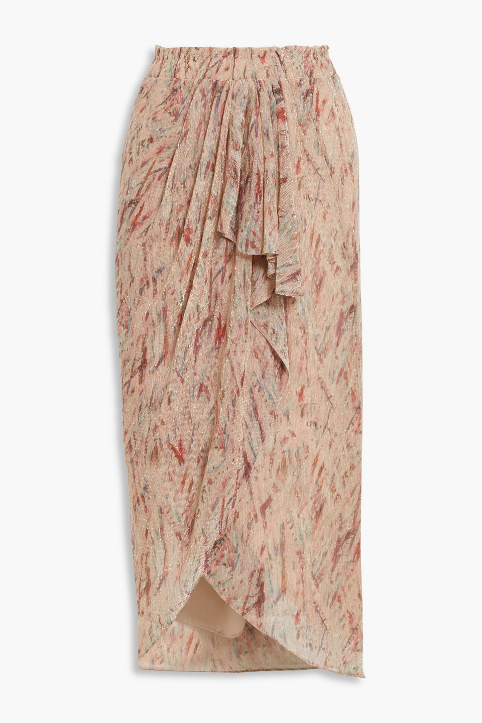 Wrap-effect metallic printed knitted midi skirt