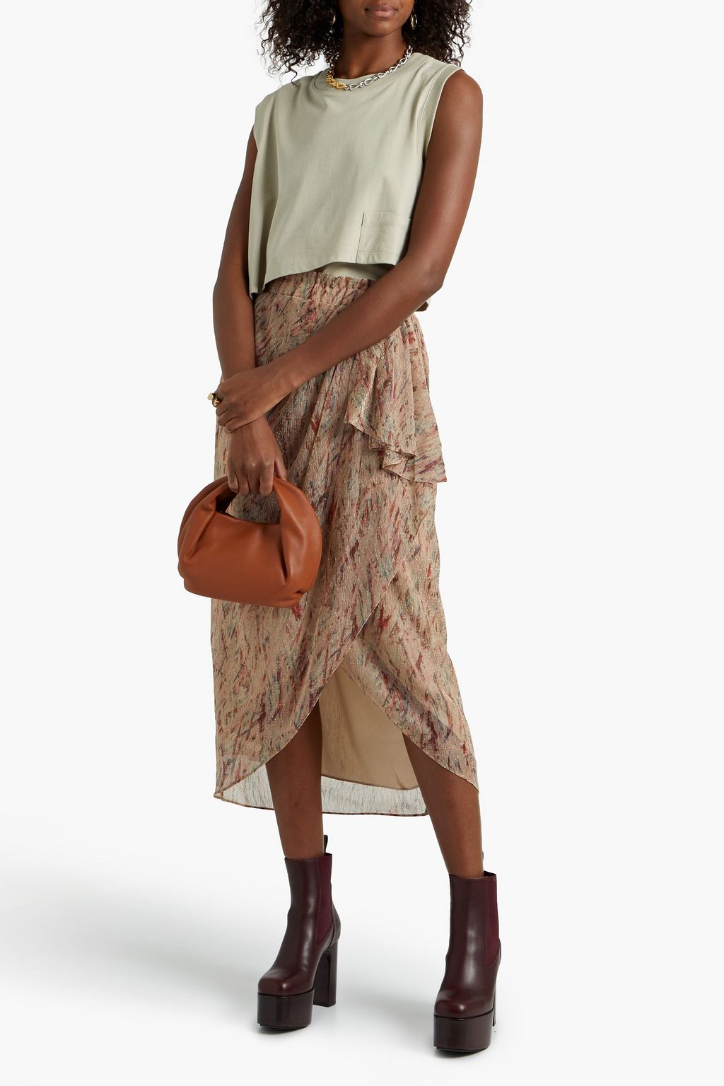 IRO Wrap-effect metallic printed knitted midi skirt