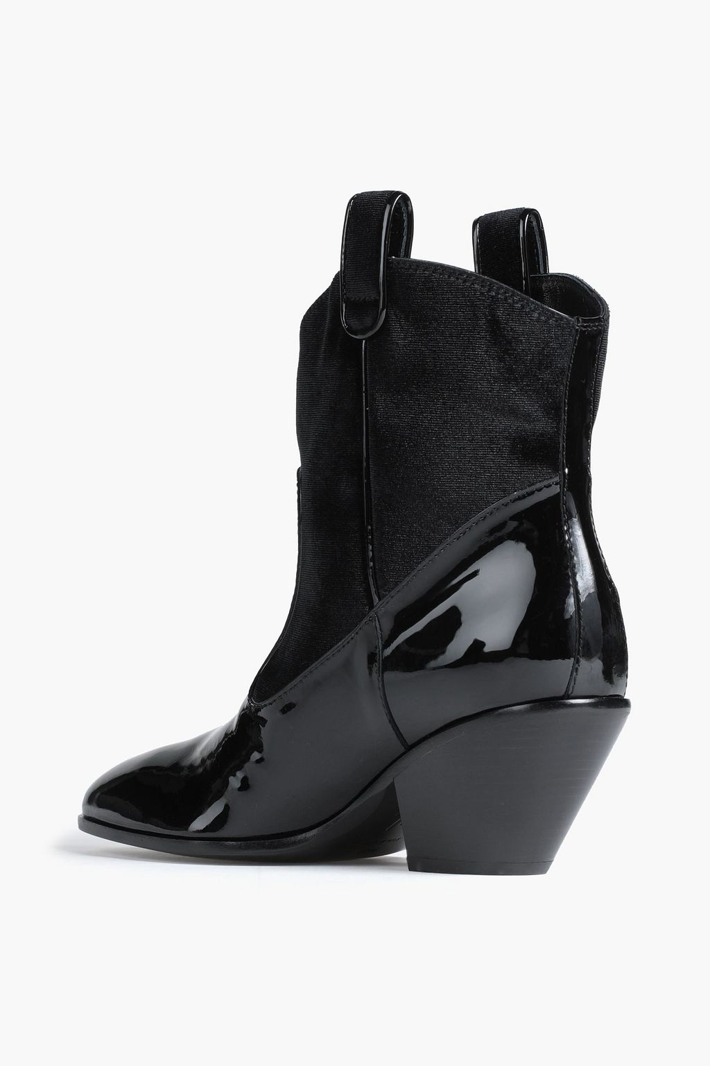 GIUSEPPE ZANOTTI 페이턴트 가죽 트리밍 스웨이드 앵클 부츠