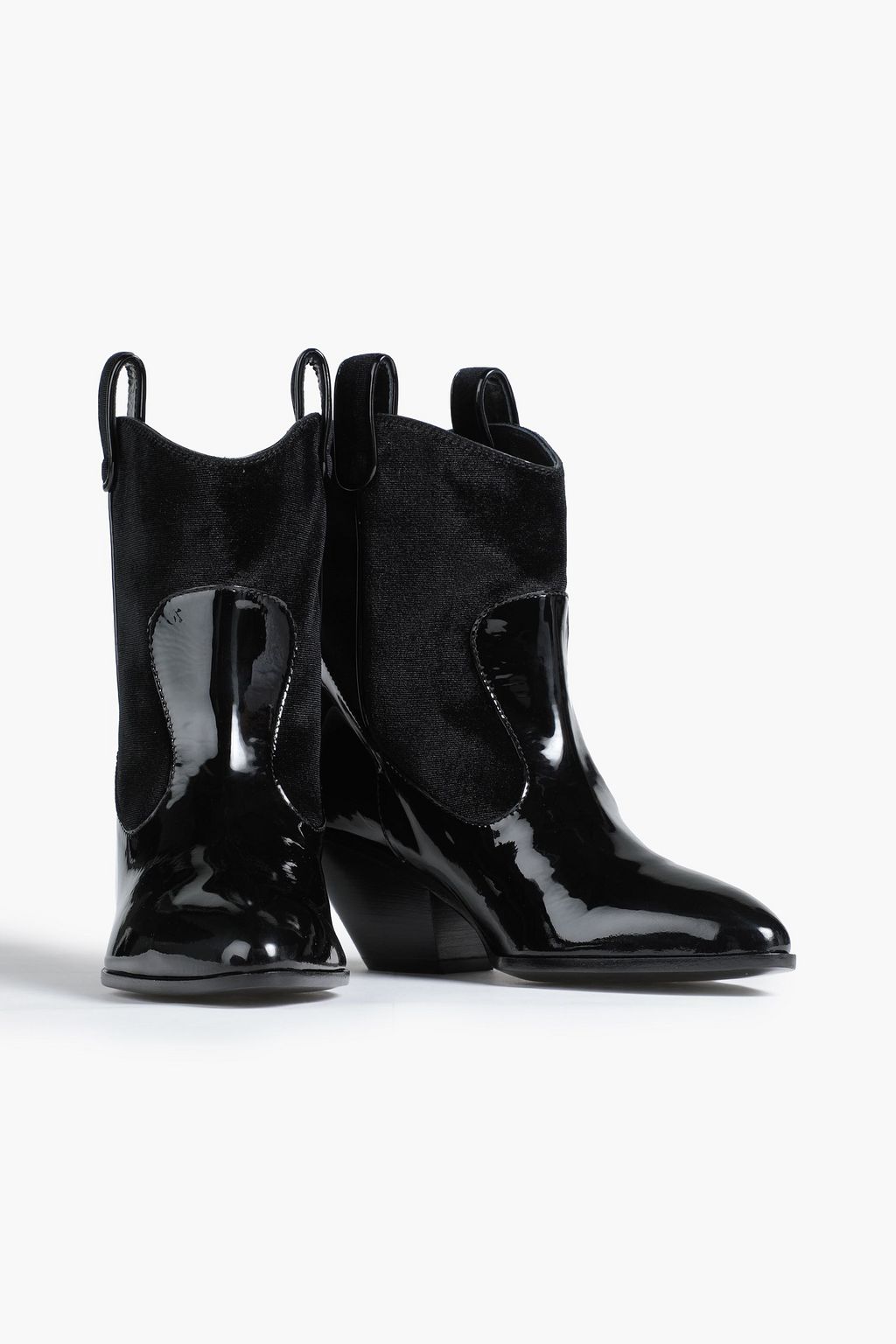 GIUSEPPE ZANOTTI 페이턴트 가죽 트리밍 스웨이드 앵클 부츠