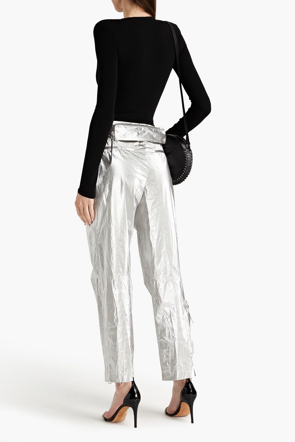 HELMUT LANG Belted metallic woven straight-leg pants
