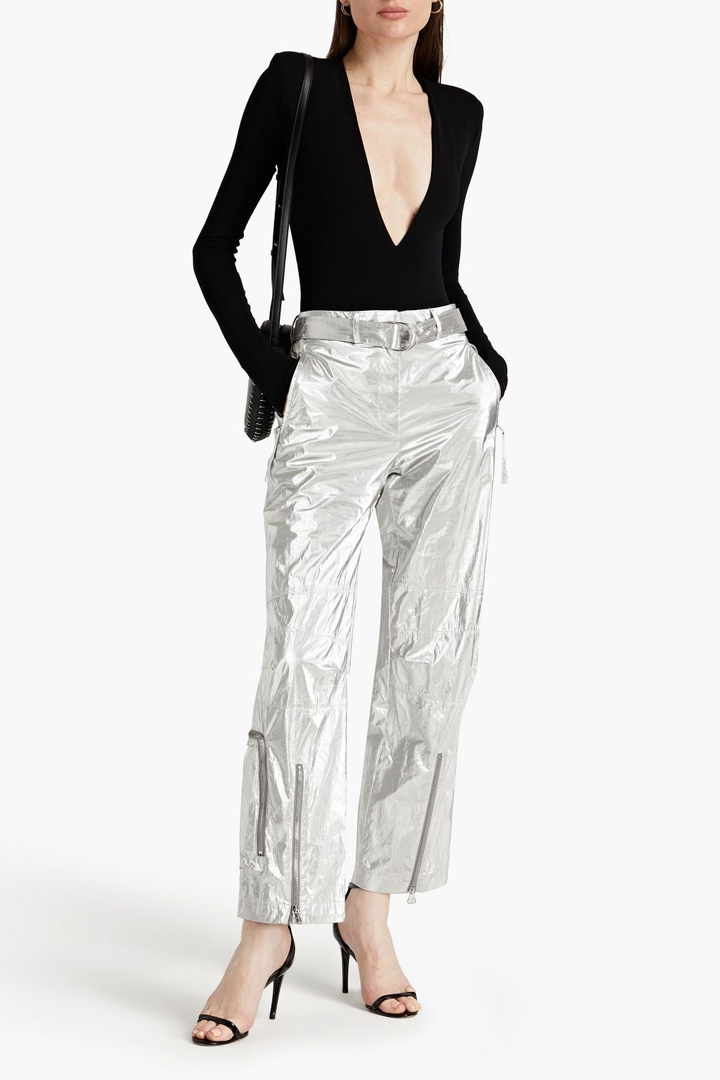 HELMUT LANG Belted metallic woven straight-leg pants