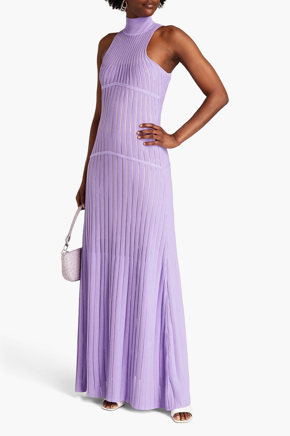 Herve Leger Sheer Stripe Turtleneck Maxi Dress In Orchid