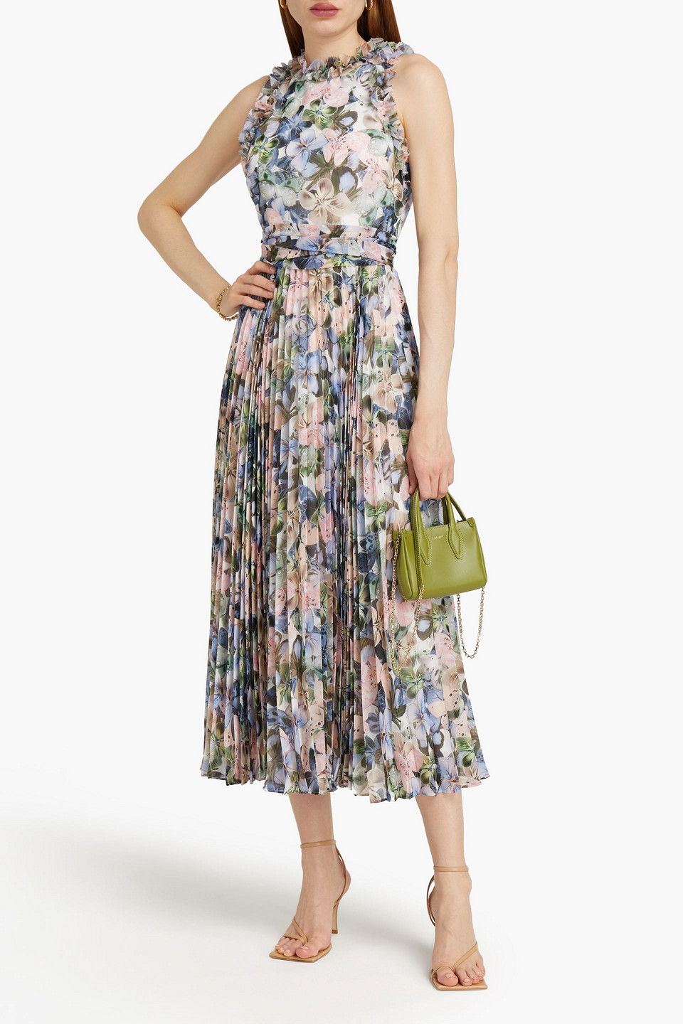 Badgley Mischka Pleated Floral-print Chiffon Midi Dress
