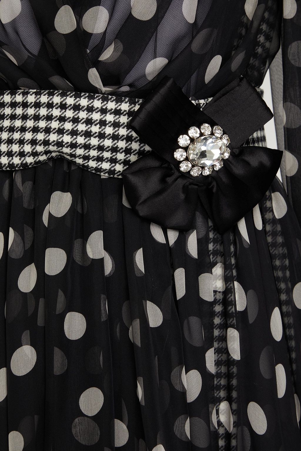 DOLCE&GABBANA Bow-embellished polka-dot chiffon and houndstooth tweed midi dress