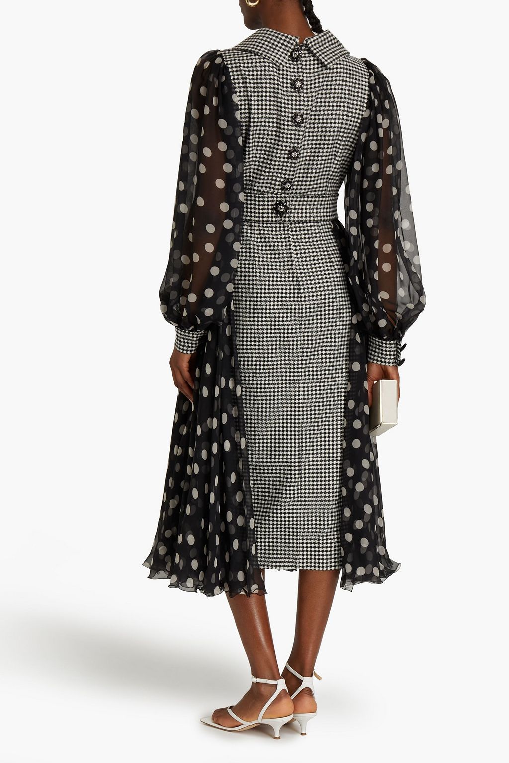 DOLCE&GABBANA Bow-embellished polka-dot chiffon and houndstooth tweed midi dress
