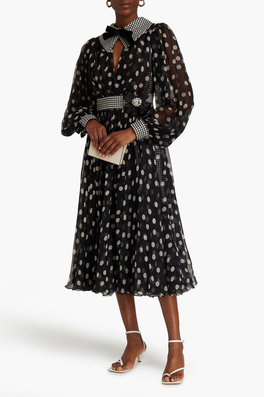 DOLCE&GABBANA Bow-embellished polka-dot chiffon and houndstooth tweed midi dress