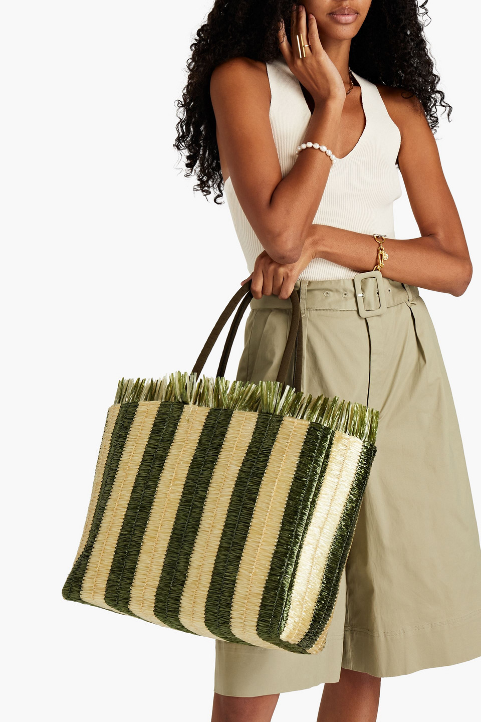 Rodebjer Lidiya Striped Faux Raffia Tote In Green