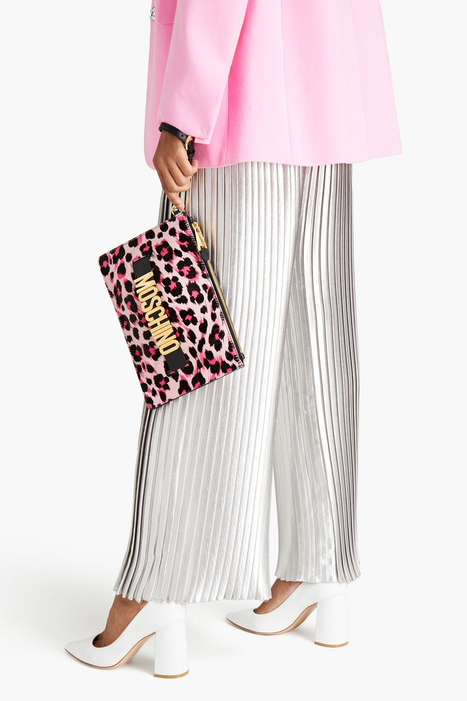 Moschino Leopard-print Calf Hair Pouch In Baby Pink