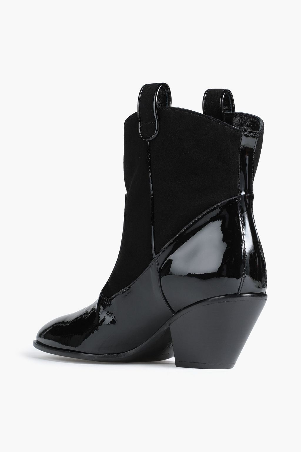 GIUSEPPE ZANOTTI 페이턴트 가죽 트리밍 스웨이드 앵클 부츠