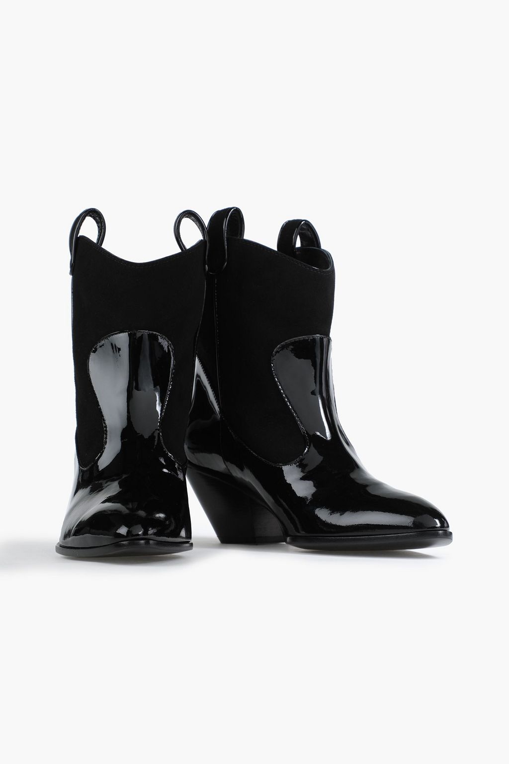 GIUSEPPE ZANOTTI 페이턴트 가죽 트리밍 스웨이드 앵클 부츠
