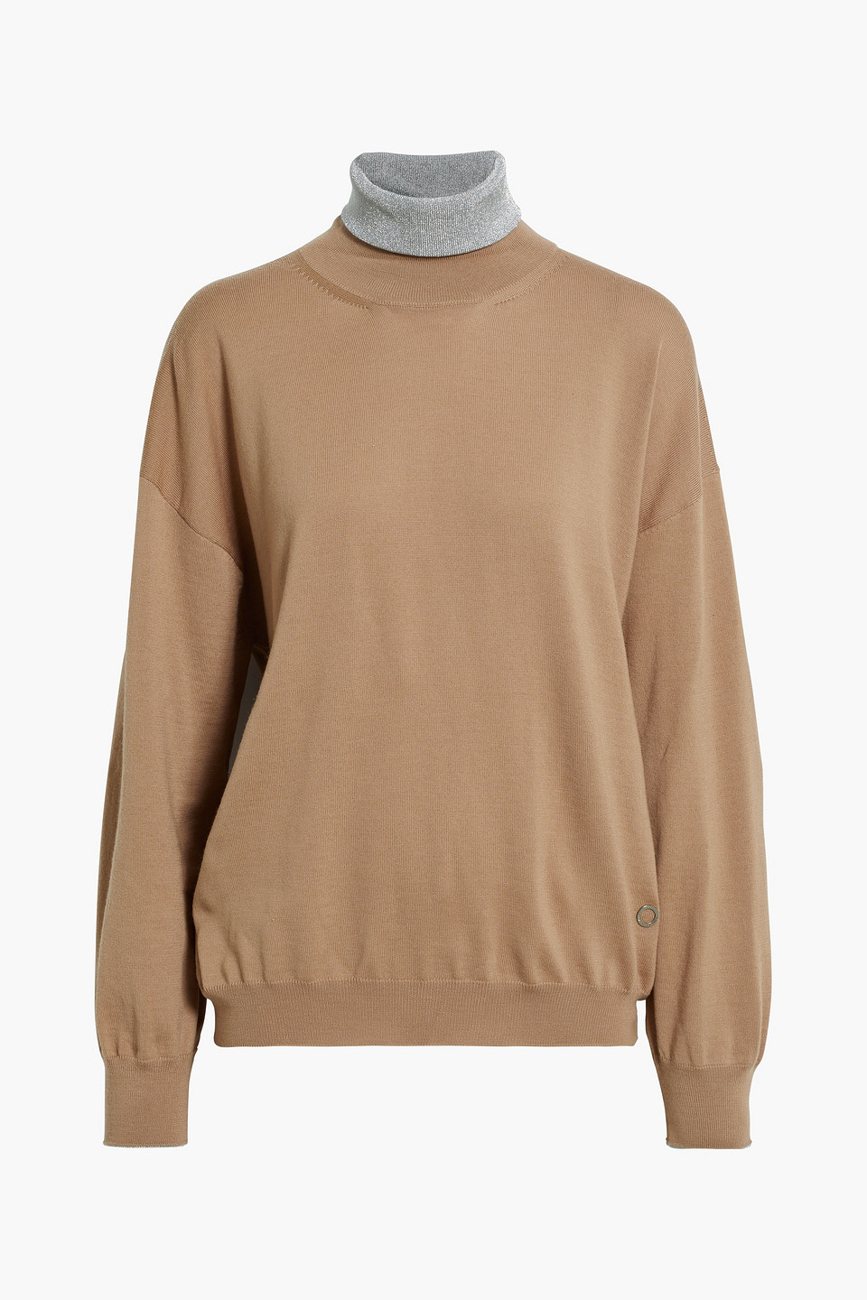 Rabanne Metallic-trimmed Wool-blend Turtleneck Sweater In Light Brown