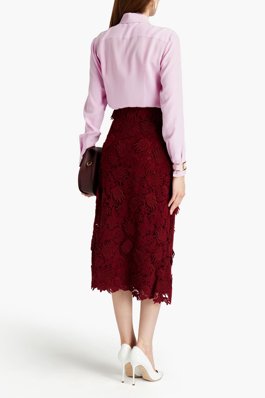 VALENTINO GARAVANI Appliquéd cotton-blend guipure lace midi skirt