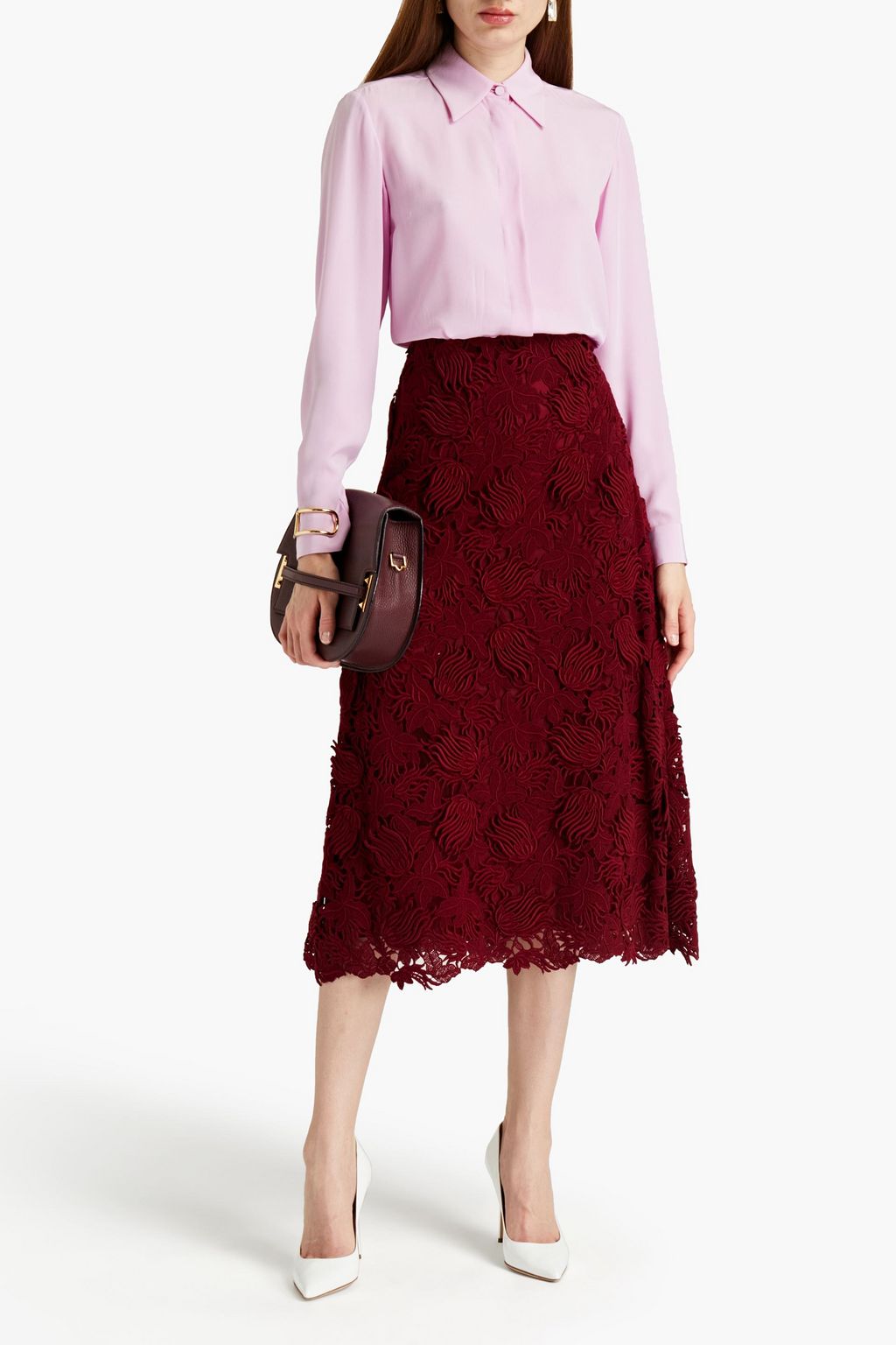 VALENTINO GARAVANI Appliquéd cotton-blend guipure lace midi skirt