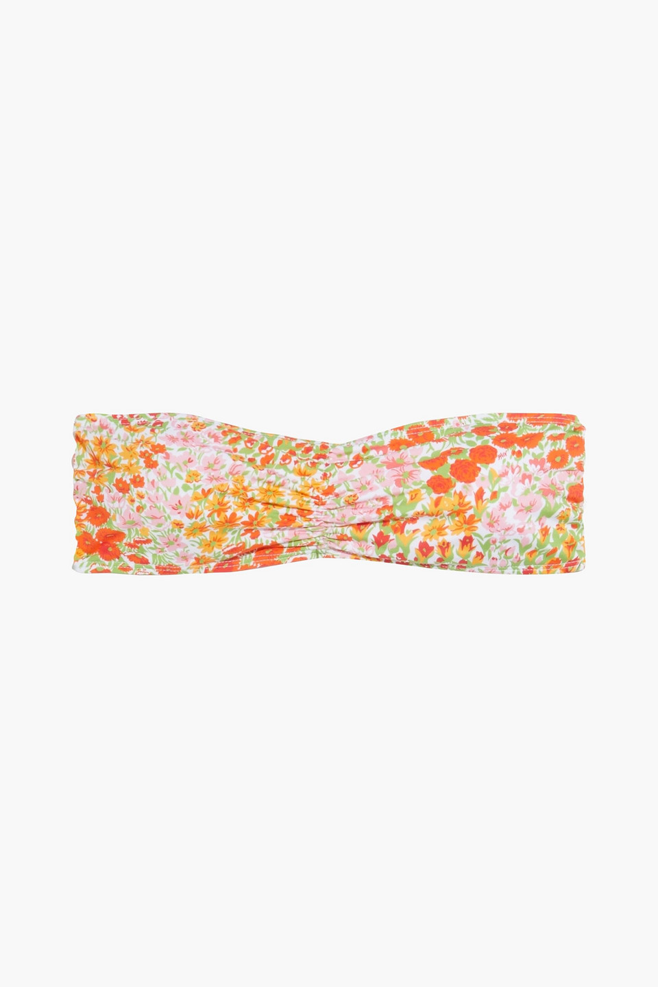 Hvn Ruched Floral-print Bandeau Bikini Top In Orange