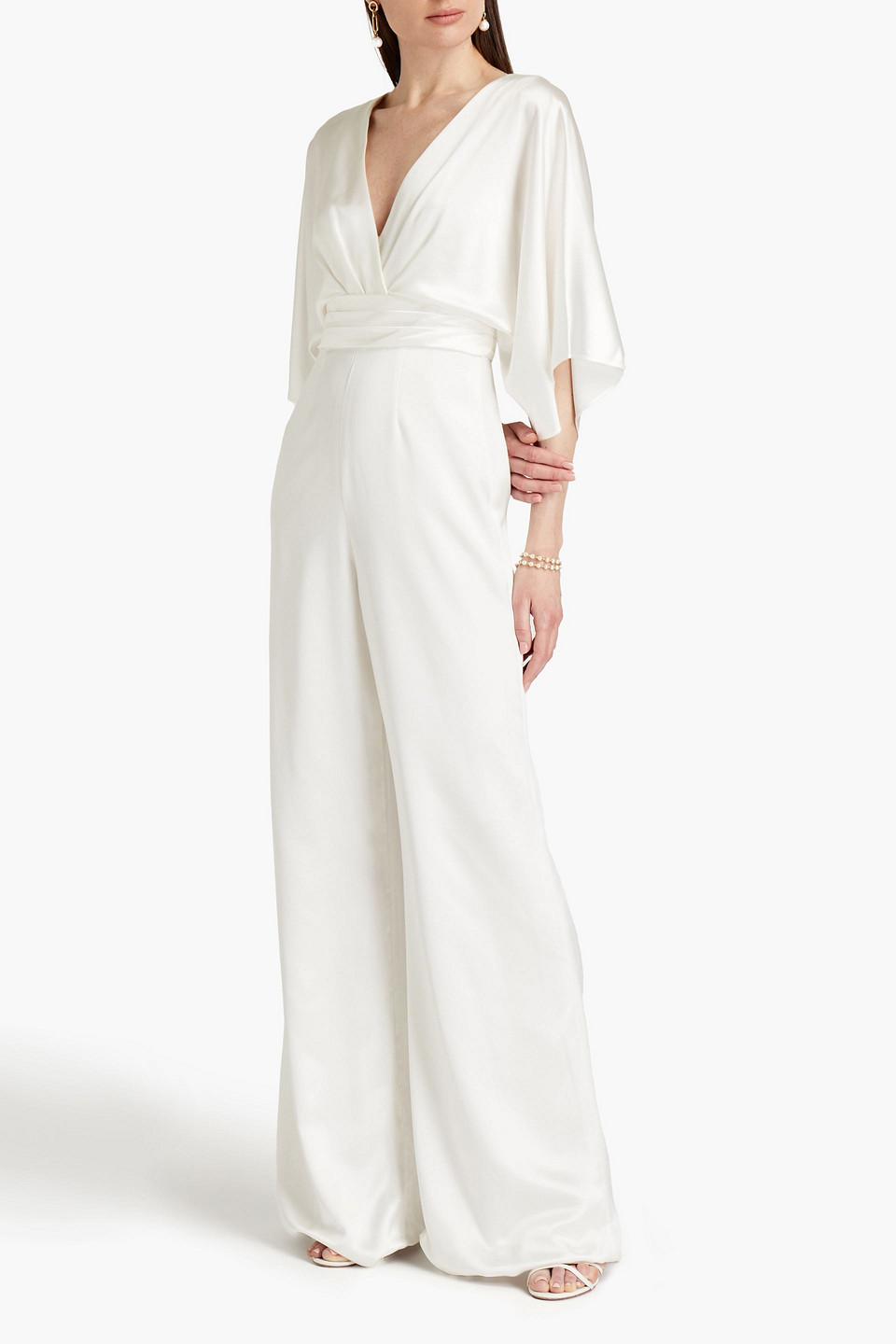 Theia Simona Pleated Satin Jumpsuit In White