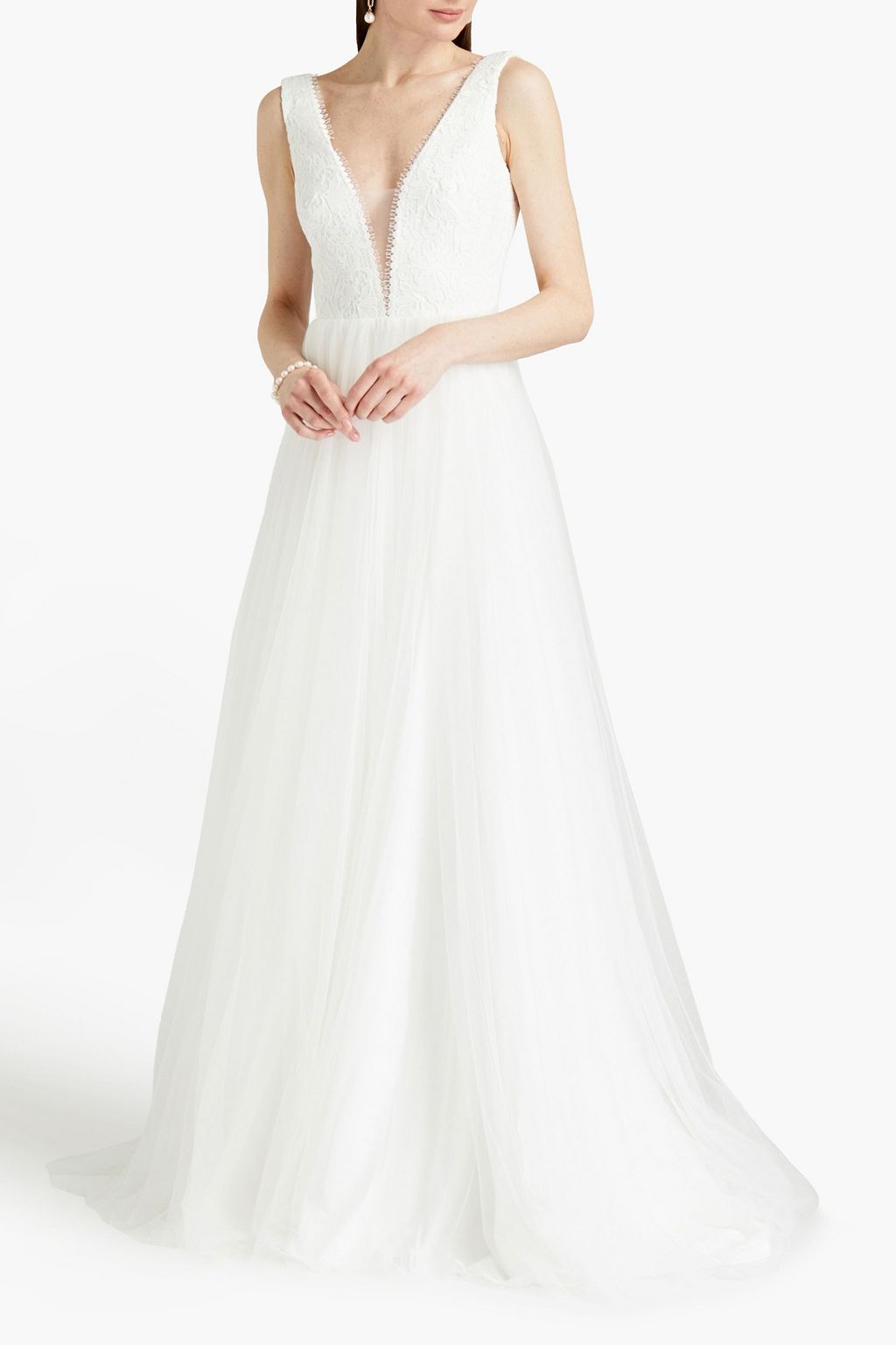 THEIA Brandy guipure lace-paneled tulle bridal gown
