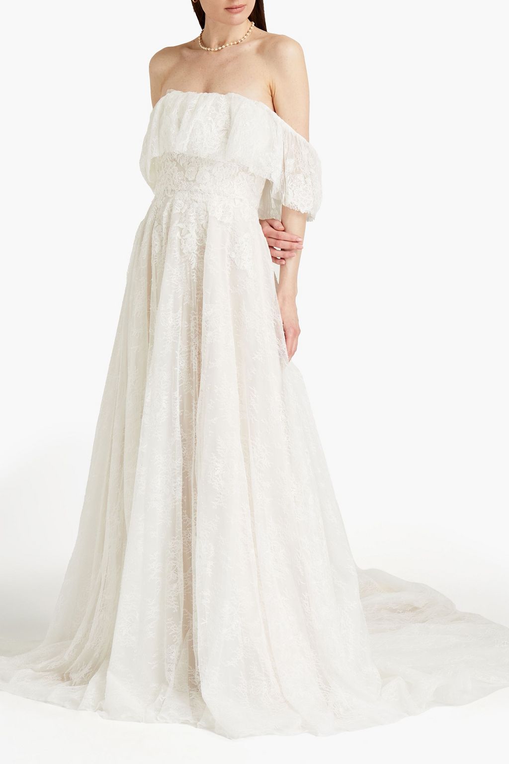 THEIA Imelda off-the-shoulder embellished Chantilly lace bridal gown