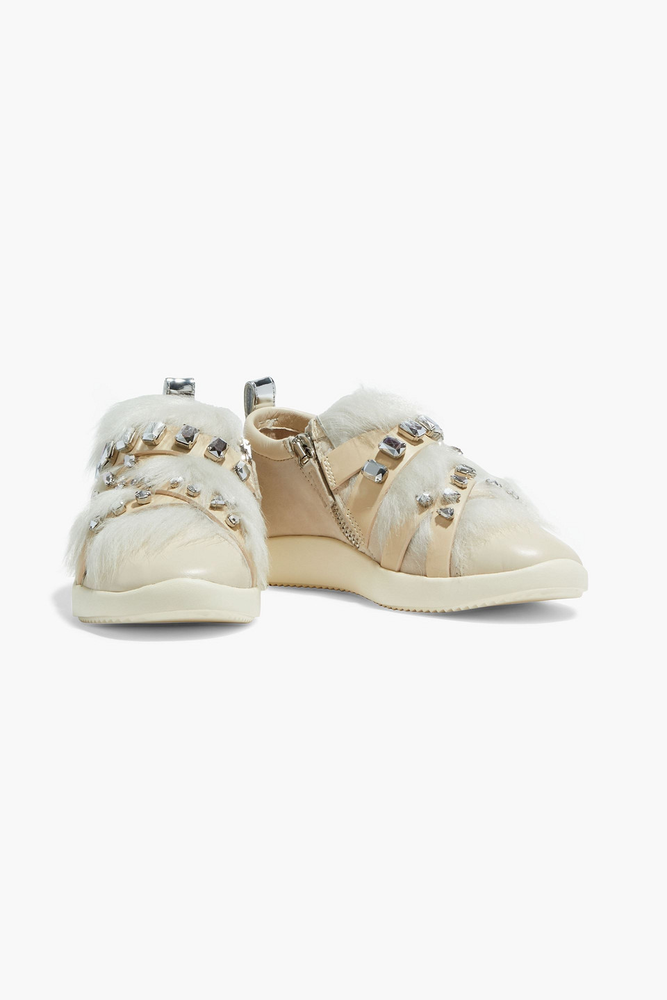 Giuseppe Zanotti Crystal-embellished Faux Fur-paneled Leather Sneakers In Beige
