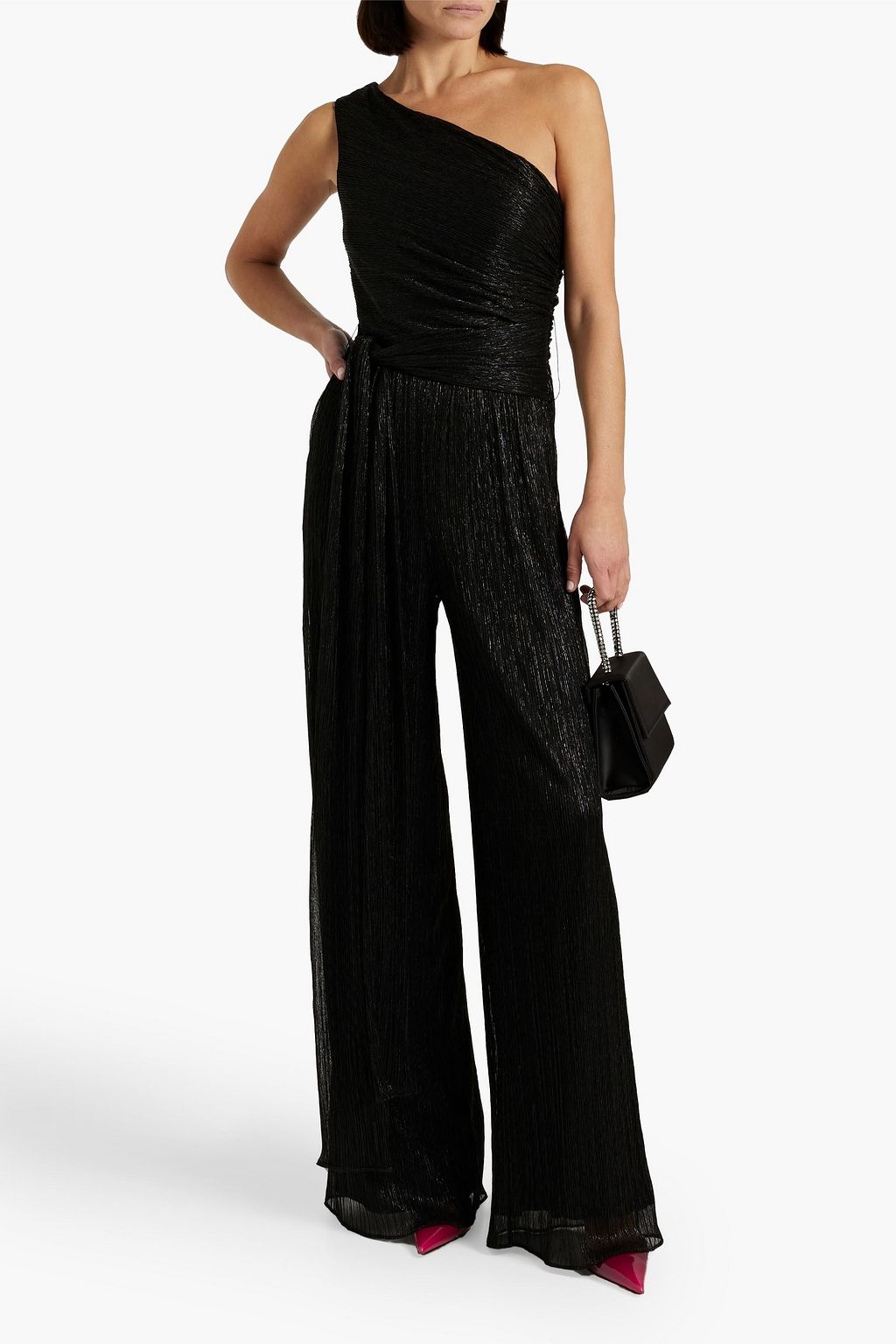 HALSTON Romee one-shoulder metallic crinkled jersey wide-leg jumpsuit