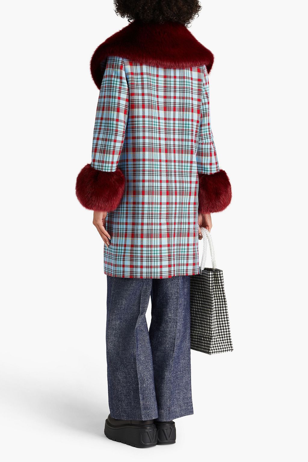 SHRIMPS Colonel faux fur-trimmed checked jacquard coat
