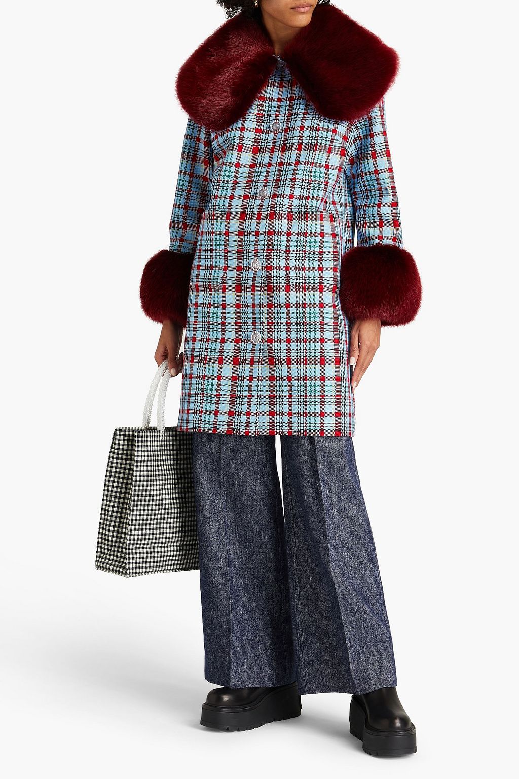 SHRIMPS Colonel faux fur-trimmed checked jacquard coat