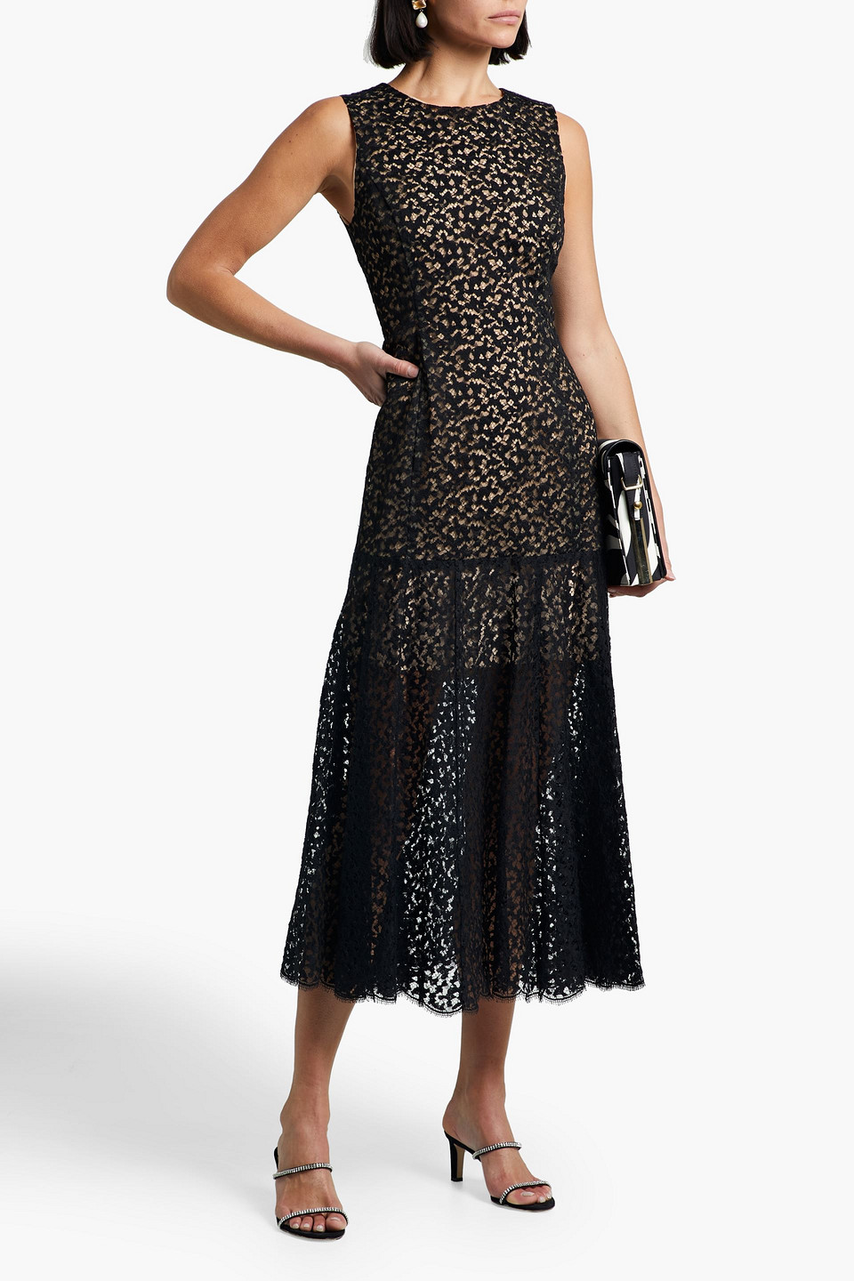 Cotton-blend Corded Lace Midi Dress In Black