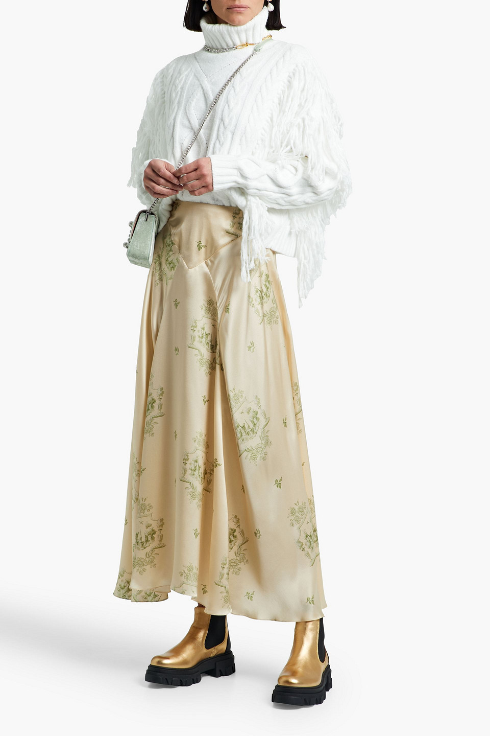 Simone Rocha Pleated Printed Silk-satin Maxi Skirt In Beige