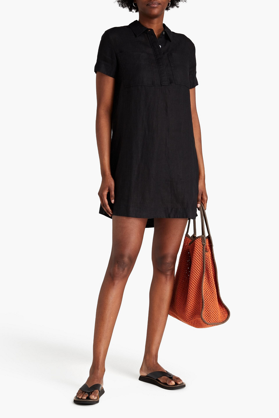 James Perse Linen Mini Shirt Dress In Black