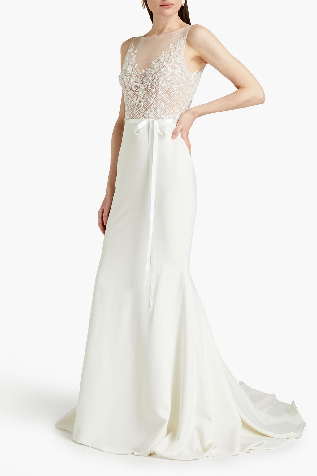 THEIA Amalia embellished tulle-paneled cady bridal gown