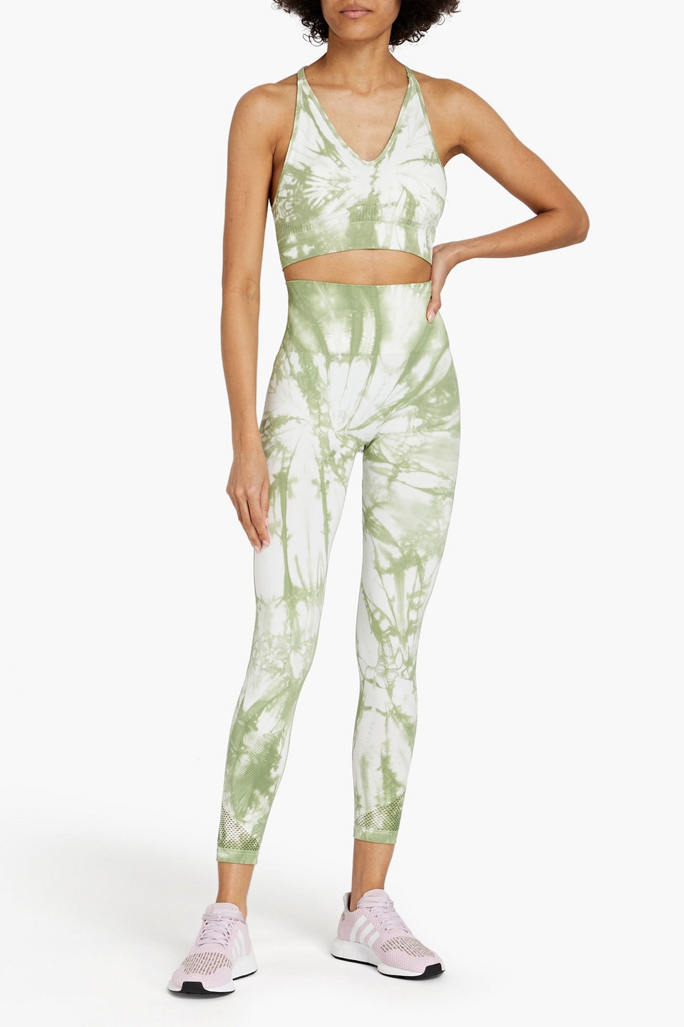 Dkny Tie-dyed Mesh-paneled Stretch Sports Bra In Sage Green