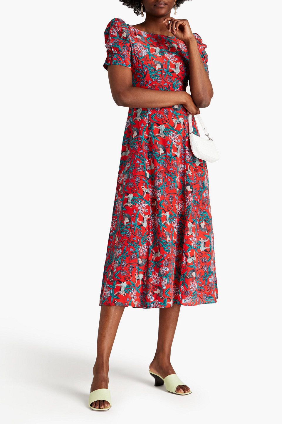 Saloni Eva Printed Silk Crepe De Chine Midi Dress In Red