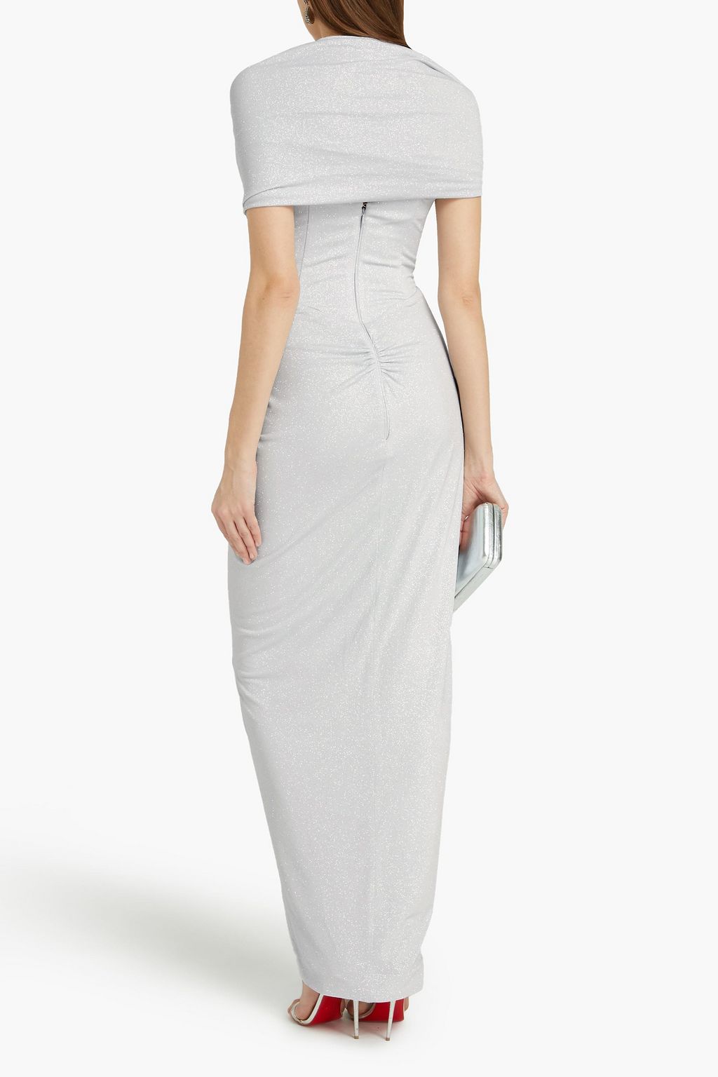 RHEA COSTA Ruched glittered jersey gown