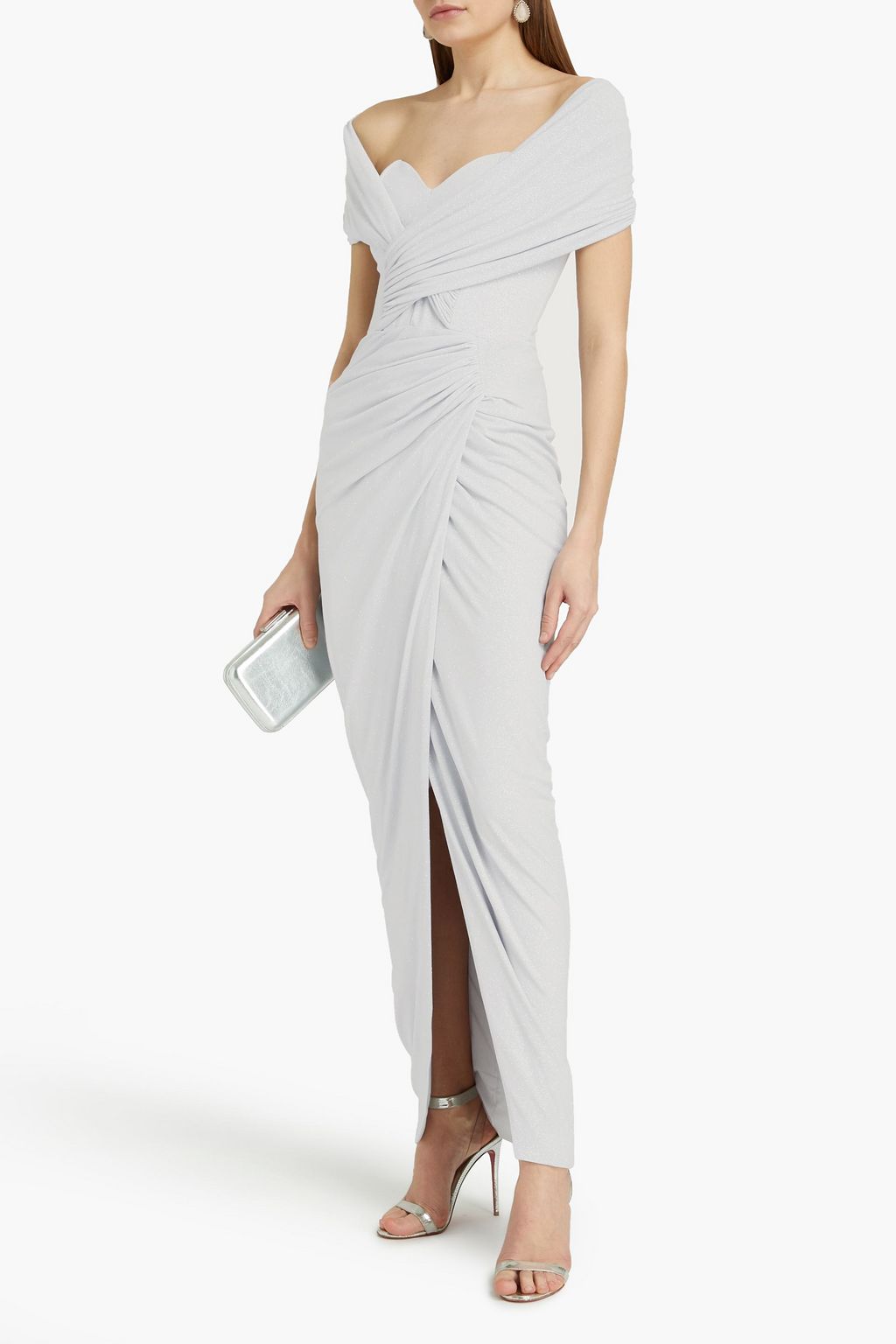 RHEA COSTA Ruched glittered jersey gown
