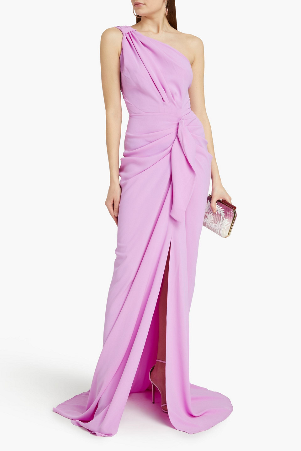 Rhea Costa One-shoulder Ruched Cady Gown In Lilac