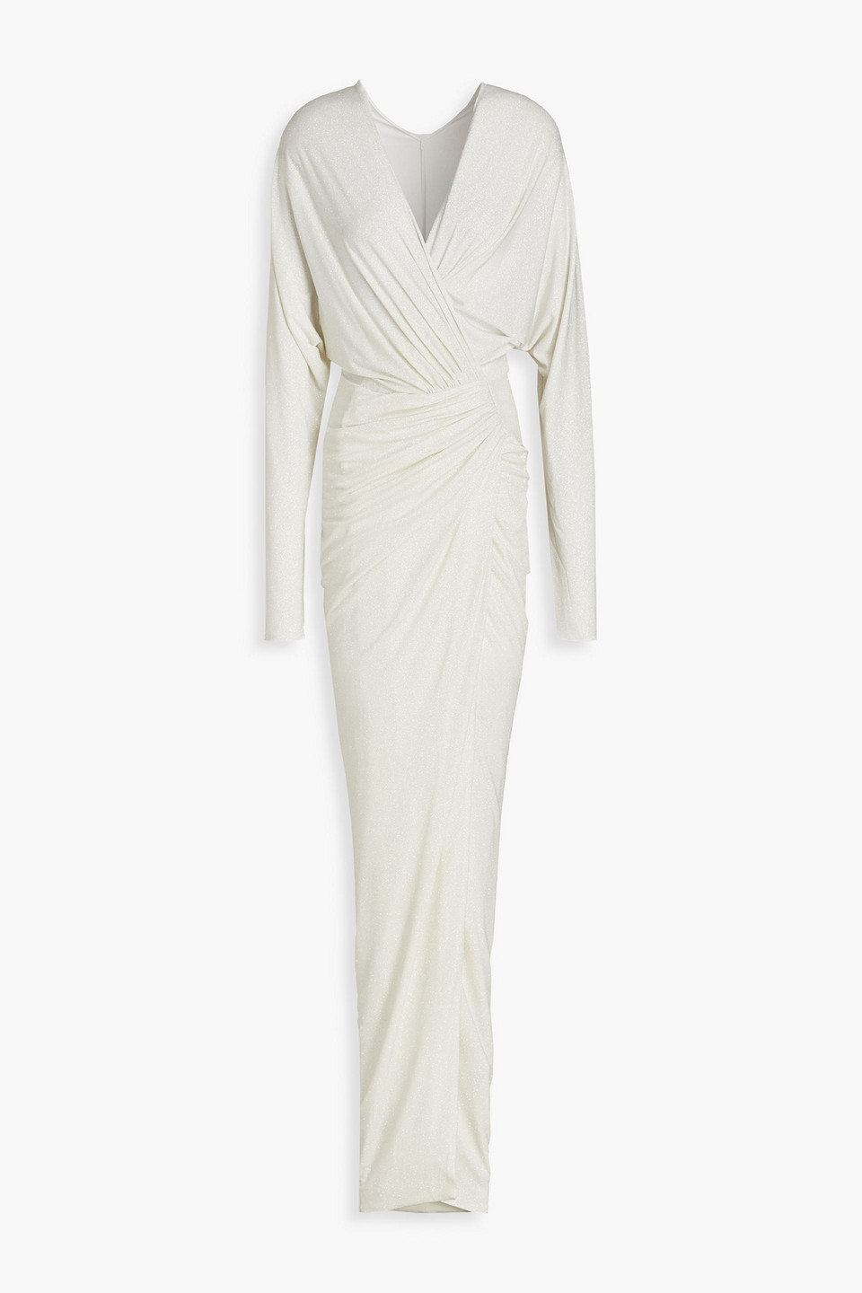 Wrap-effect glittered jersey gown