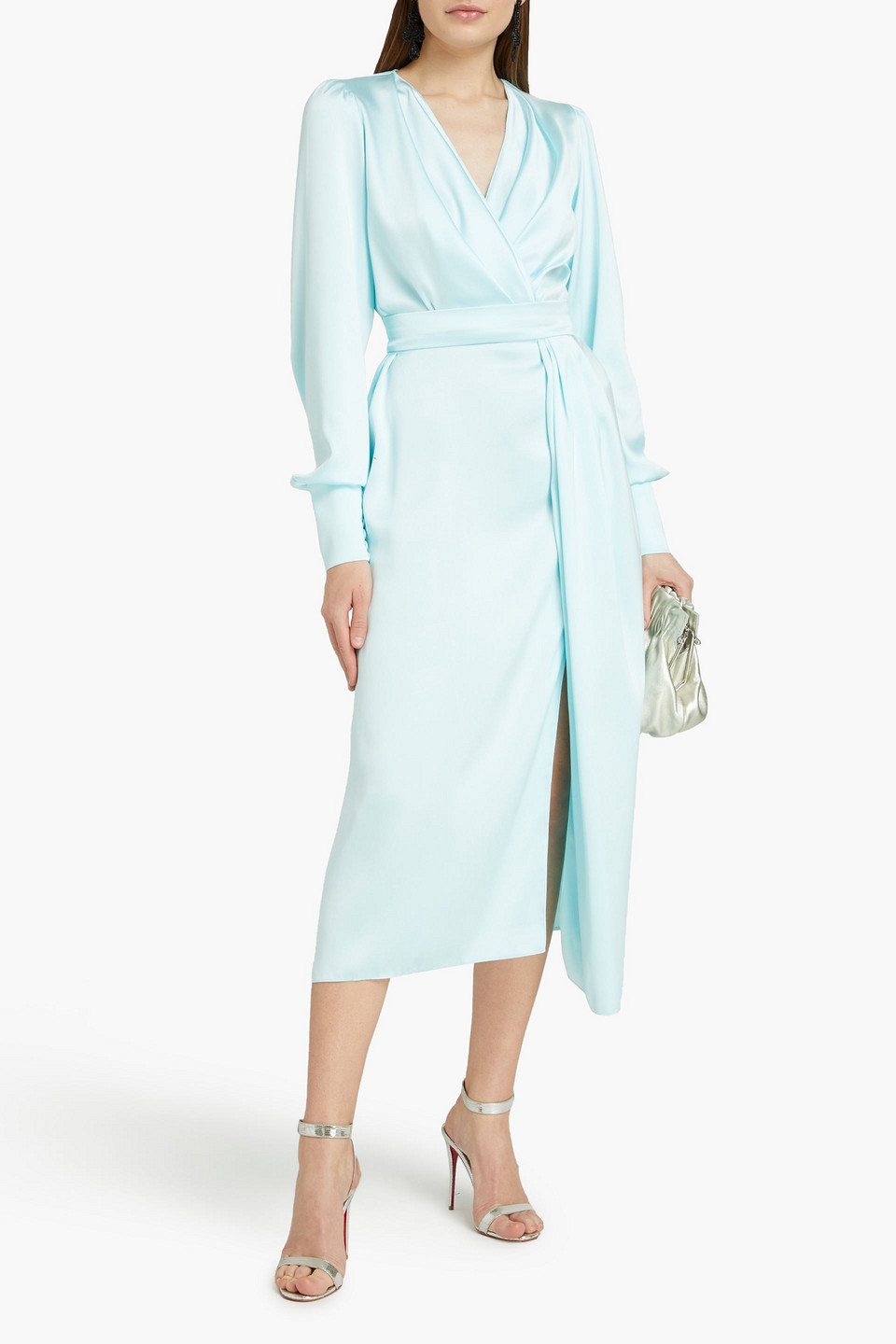 Rhea Costa Wrap-effect Satin Midi Dress In Sky Blue